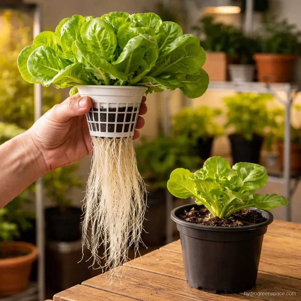 Hydroponic lettuce vs soil-grown lettuce at the same age showing size difference