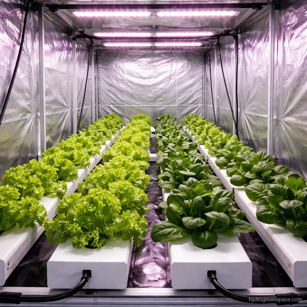 Indoor hydroponic NFT system with leafy greens under LED grow lights