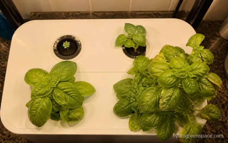 Four herb pods at different growth stages in a countertop hydroponic unit, viewed from above