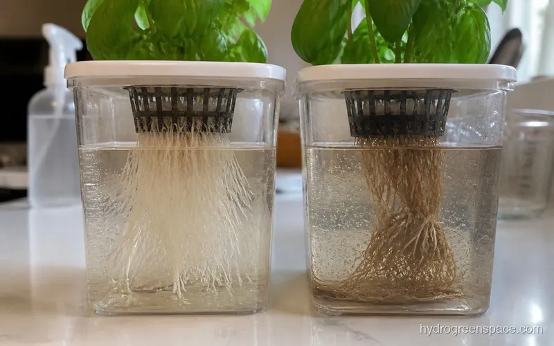 Healthy white roots visible through the side of a small hydroponic reservoir next to brown unhealthy roots for comparison