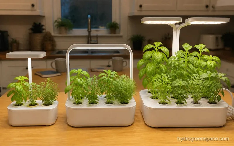 Three hydroponic herb systems side by side on a kitchen counter showing different sizes and designs