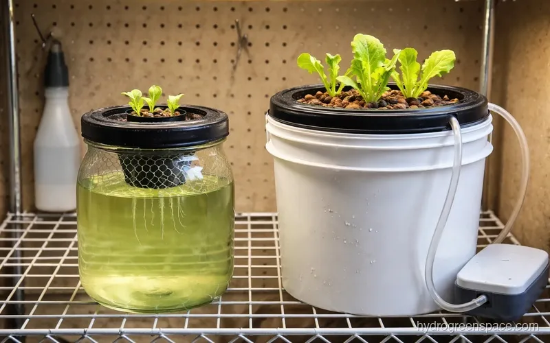 Two side-by-side beginner hydroponic setups: a Kratky jar with lettuce seedlings and a DWC bucket with air pump