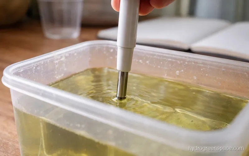 Digital pH meter probe submerged in clear hydroponic nutrient solution showing a precise reading