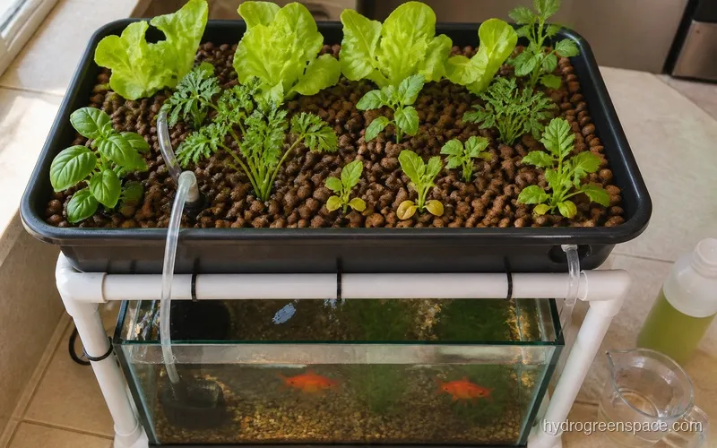 Overhead view of a small aquaponic system showing a fish tank below and a grow bed above with visible water tubing connecting them