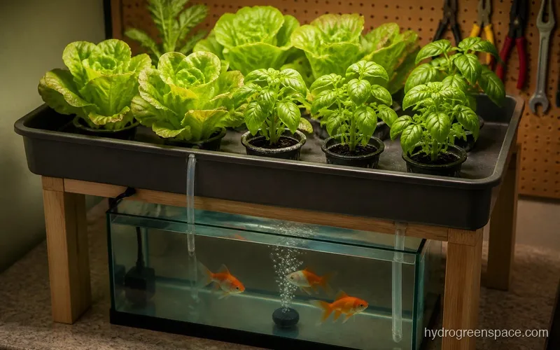 Net pots filled with lettuce and basil growing in a small aquaponic media bed, fish visible in the tank below