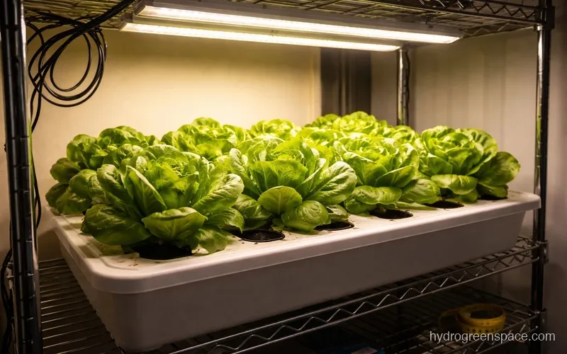 Hydroponic lettuce growing under LED grow lights in an indoor setup, showing the light panel suspended above a nutrient reservoir