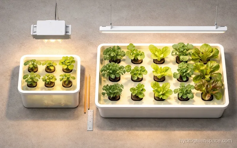Grow light wattage comparison chart showing different panel sizes above different hydroponic system footprints