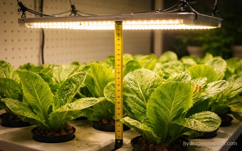 LED grow light suspended above a hydroponic net cup setup with a tape measure showing distance from canopy