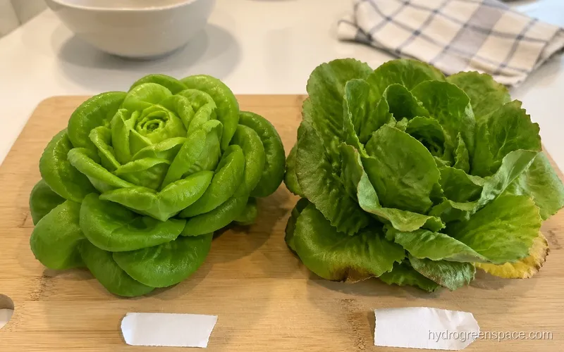 Side-by-side comparison of a hydroponic lettuce head and a soil-grown lettuce head showing leaf color and density differences