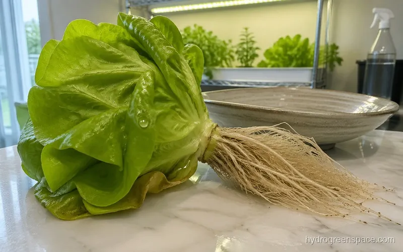 Freshly harvested hydroponic lettuce next to a bowl, roots visible and leaves bright green