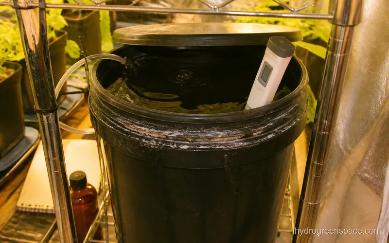 Hydroponic reservoir with a digital thermometer showing the optimal temperature range
