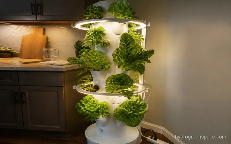 Lettuce Grow Farmstand vertical aeroponic tower with leafy greens growing in multiple pod sites