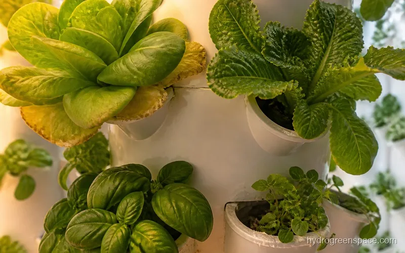 Variety of leafy greens and herbs thriving in a Lettuce Grow Farmstand including butterhead lettuce and basil