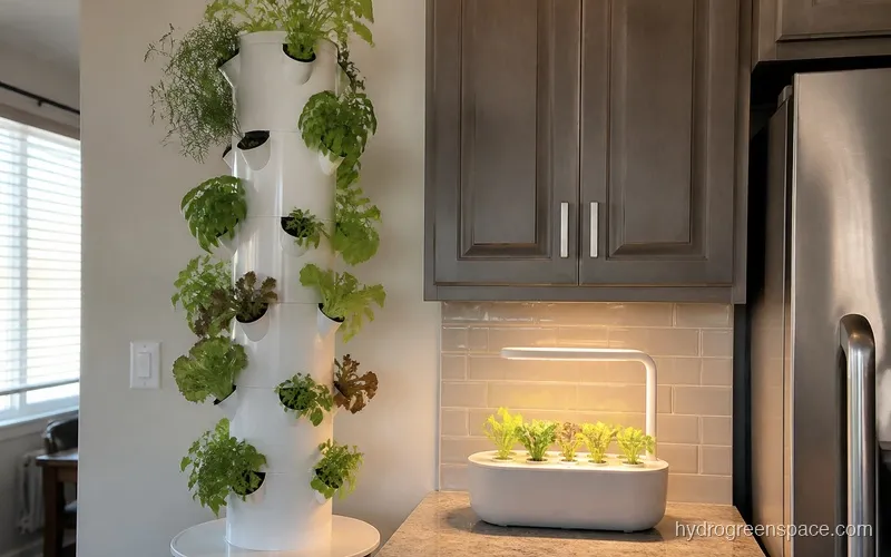 Lettuce Grow Farmstand 24-pod tower next to an AeroGarden countertop unit showing the scale difference