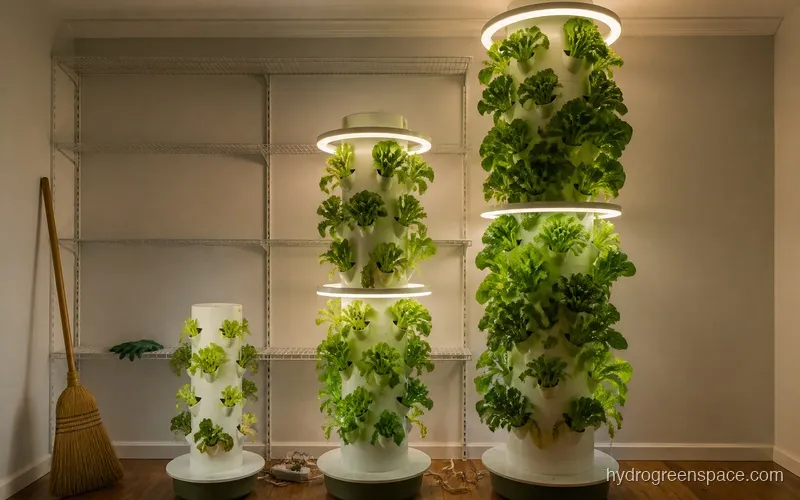 Three Lettuce Grow Farmstand sizes (12, 24, and 36 pod) shown side by side to illustrate the height and footprint differences