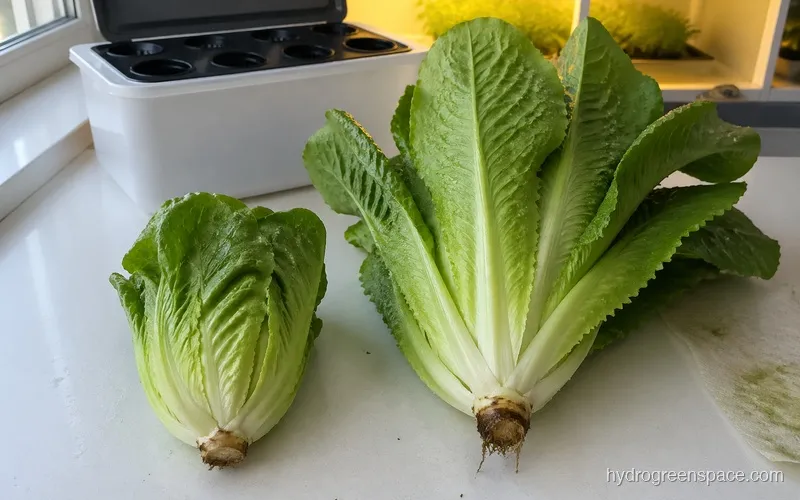 Side-by-side comparison of a Little Gem romaine head versus a full Parris Island Cos head harvested from a DWC system, showing the size difference