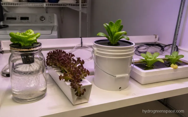 Four small hydroponic systems side by side (Kratky jar, NFT channel, DWC bucket, raft tray) each with a different lettuce variety growing, showing the variety-system pairing concept