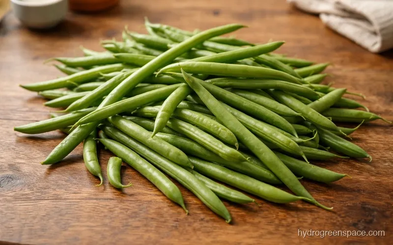 A small pile of fresh green beans on a wooden table in warm natural light