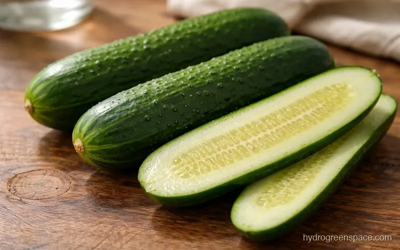 Two whole cucumbers and one sliced cucumber on a wooden table in warm natural light