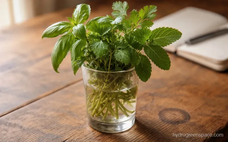 Fresh basil, cilantro, and mint stems gathered in a small glass of water on a wooden surface