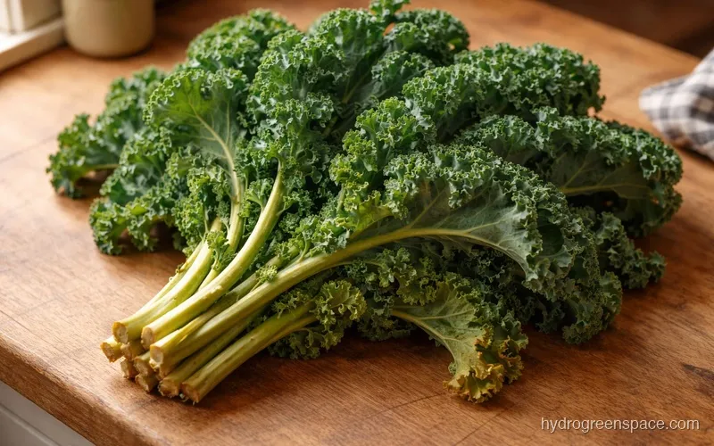A fresh bunch of curly kale with deep green ruffled leaves on a wooden kitchen counter