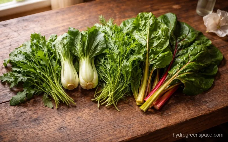 Mixed leafy greens including arugula, bok choy, mizuna, and swiss chard arranged on a wooden table