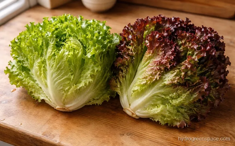 Fresh green and red leaf lettuce heads resting on a wooden kitchen surface in warm natural light