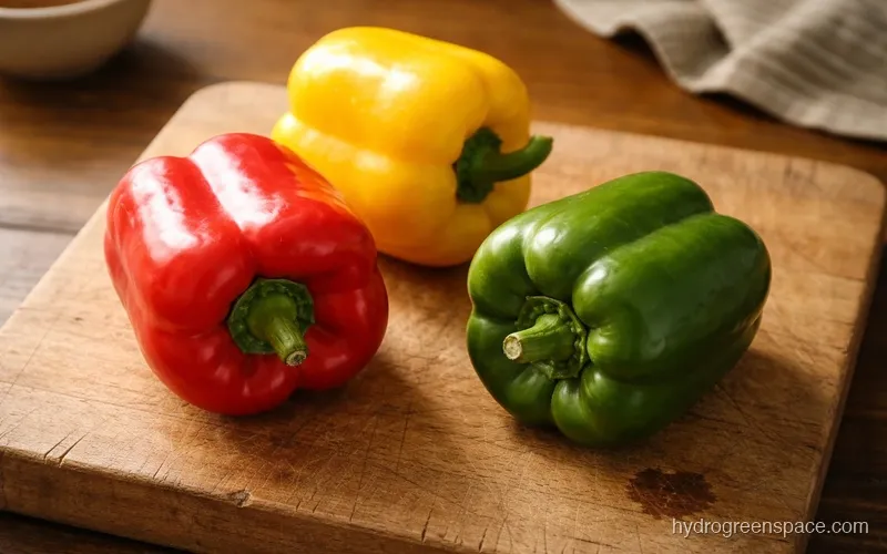 Colorful red, yellow, and green peppers on a wooden cutting board in warm indoor light