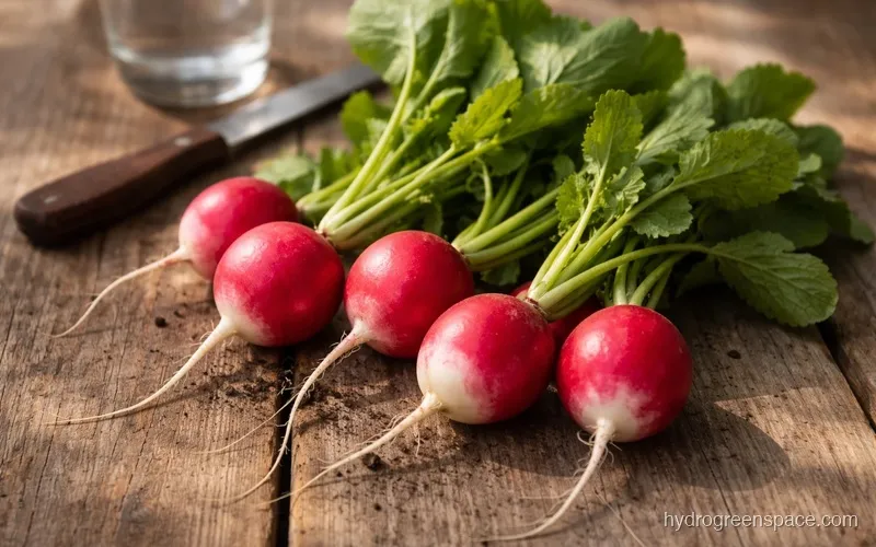 Fresh radishes with green leafy tops attached resting on a rustic wooden surface