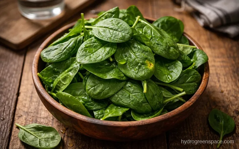 Fresh spinach leaves loosely gathered in a small wooden bowl on a rustic table