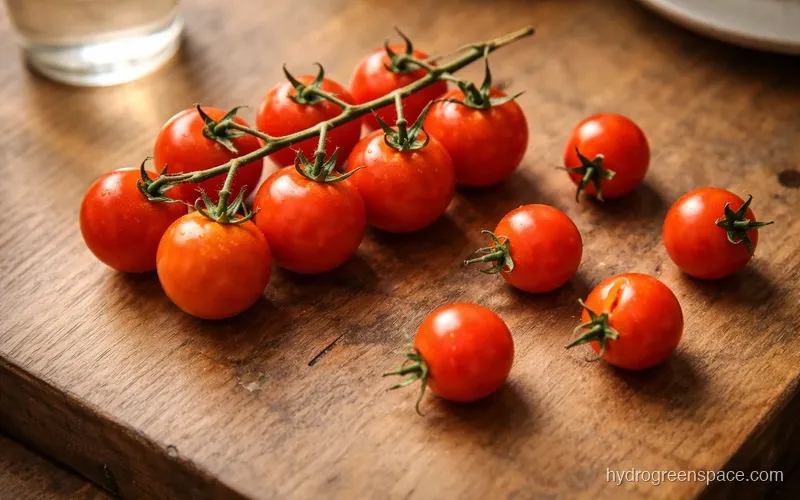 Cherry tomatoes on the vine resting on a wooden surface with a few loose tomatoes scattered nearby