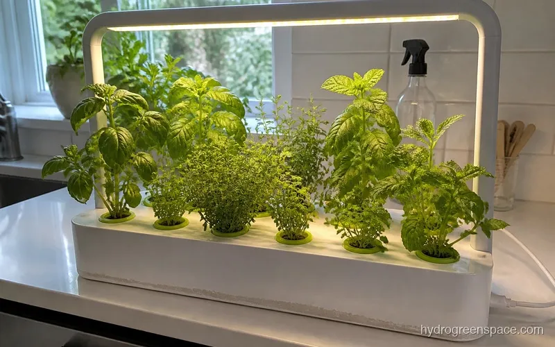 LYKO 12-pod hydroponic growing system on a kitchen counter with herbs growing in multiple pods