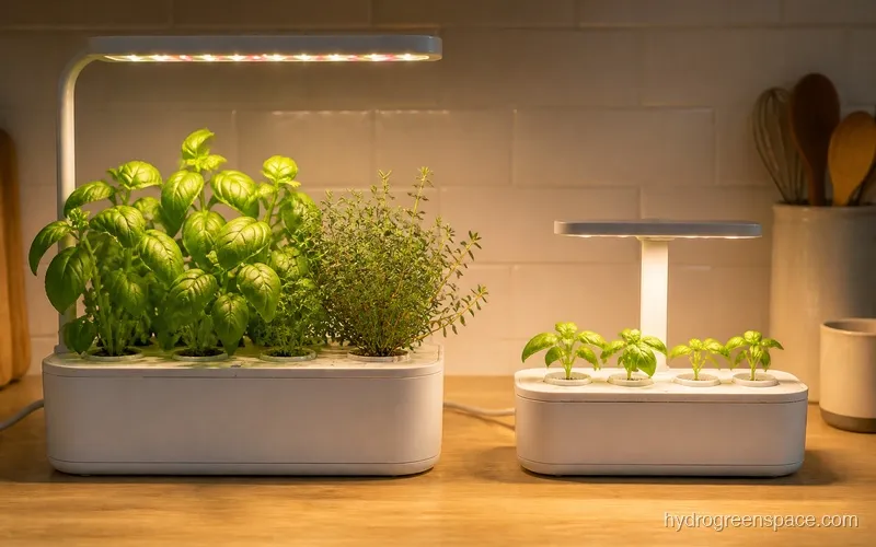 LYKO 12-pod system next to AeroGarden Sprout showing size and pod count comparison