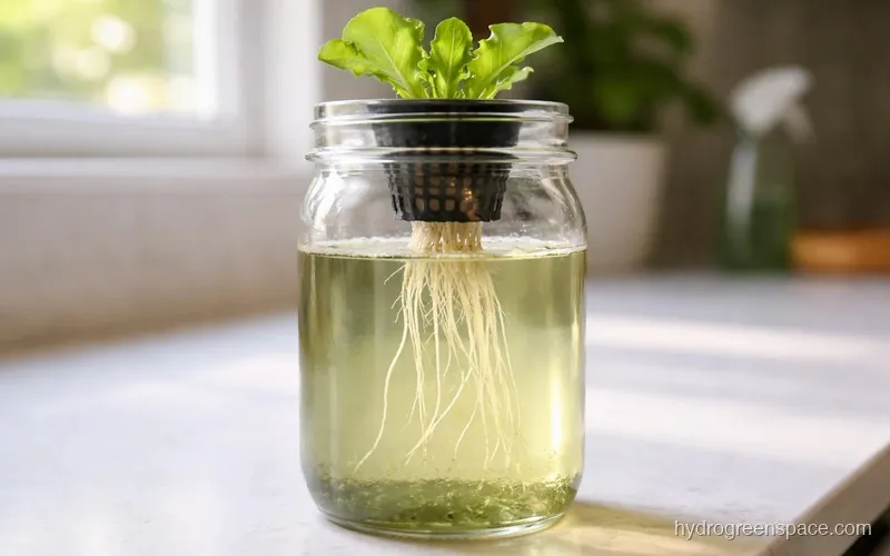Cross-section diagram of a mason jar with labeled net pot, nutrient solution, air gap, and visible roots