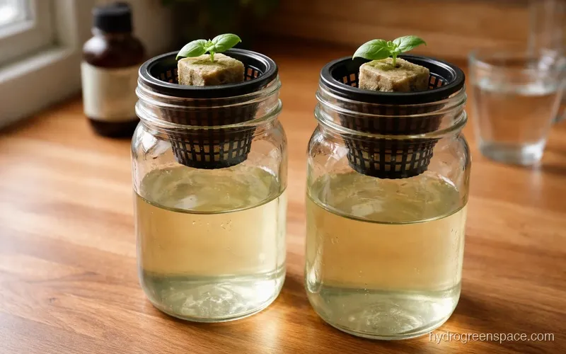 Mason jar filled with nutrient solution showing net pot positioned at correct height above the waterline