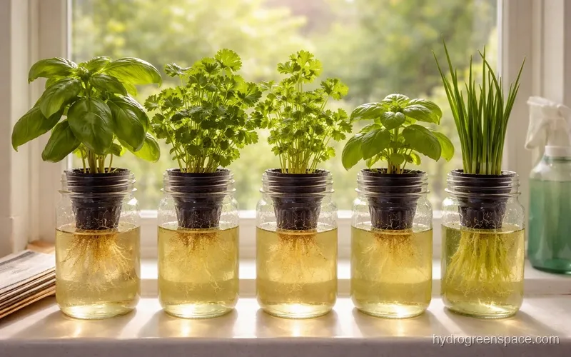 Row of wide-mouth mason jars with growing herbs and labeled jar lids on a windowsill