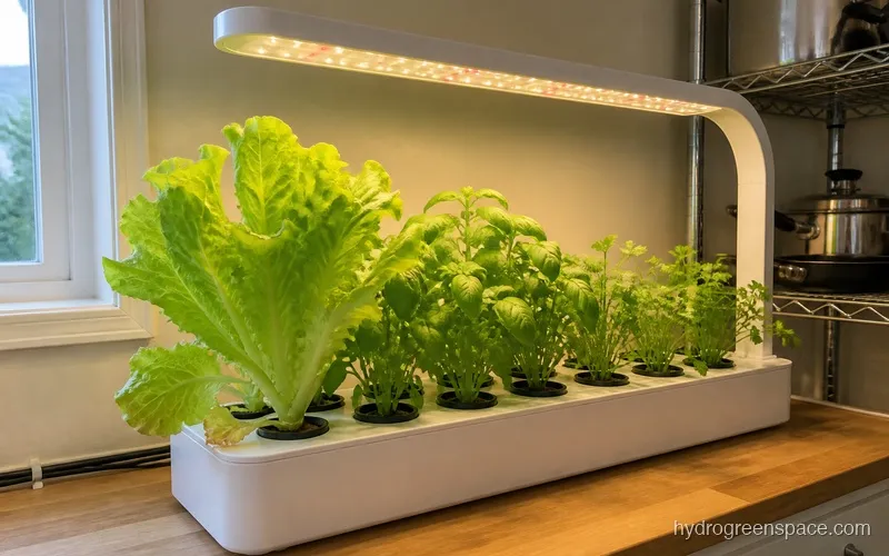MUFGA 12-pod system growing a mix of herbs and lettuce at different heights