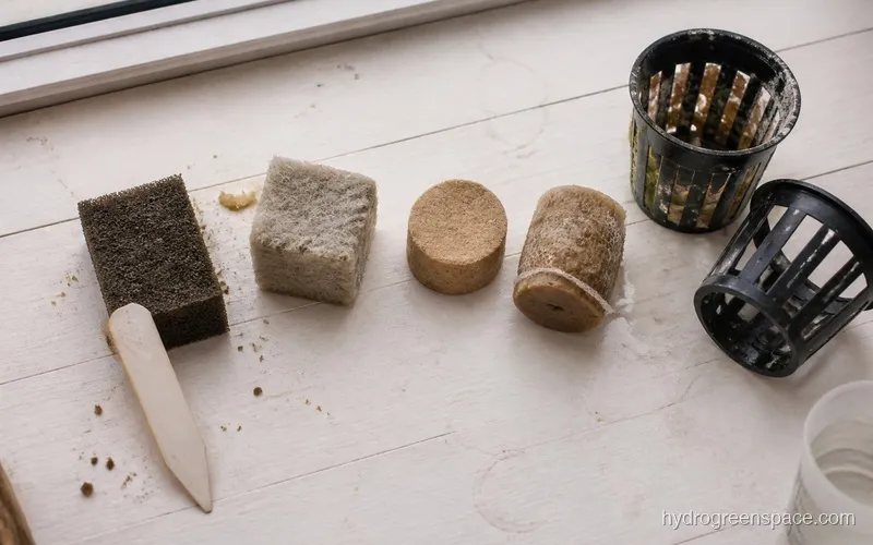 Four types of starter plugs (Rapid Rooter, rockwool cube, coco disc, peat pellet) arranged next to 2-inch net pots on a flat surface