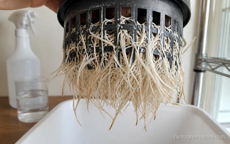 Close-up of net pot bottom with roots emerging through the mesh, ready for transplant