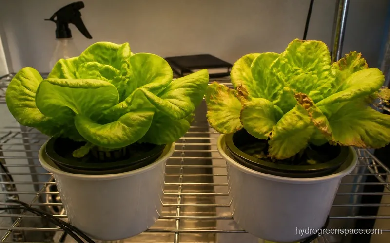 Side-by-side comparison of a healthy hydroponic plant versus a plant with nutrient burn symptoms on the leaf tips