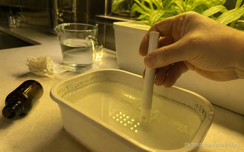 Hand holding an EC meter probe over a hydroponic reservoir with nutrient solution