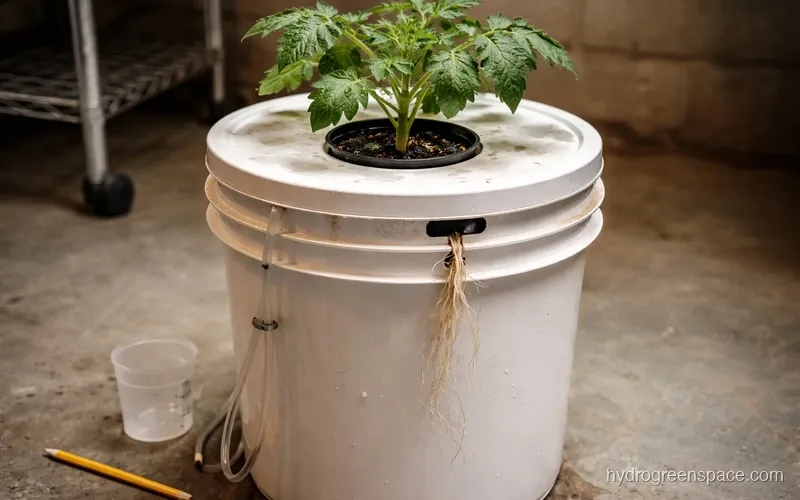 A 5-gallon bucket DWC setup with visible air line, net pot lid, and roots hanging into nutrient solution