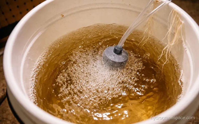 Close-up of an air stone submerged in a hydroponic bucket with visible bubbles rising through nutrient solution