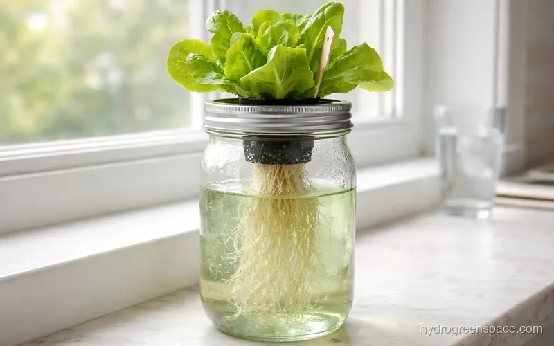 Healthy lettuce plant in a small Kratky jar with white roots visible through the container