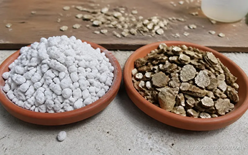 Side-by-side close-up of perlite pellets and vermiculite flakes in two small dishes