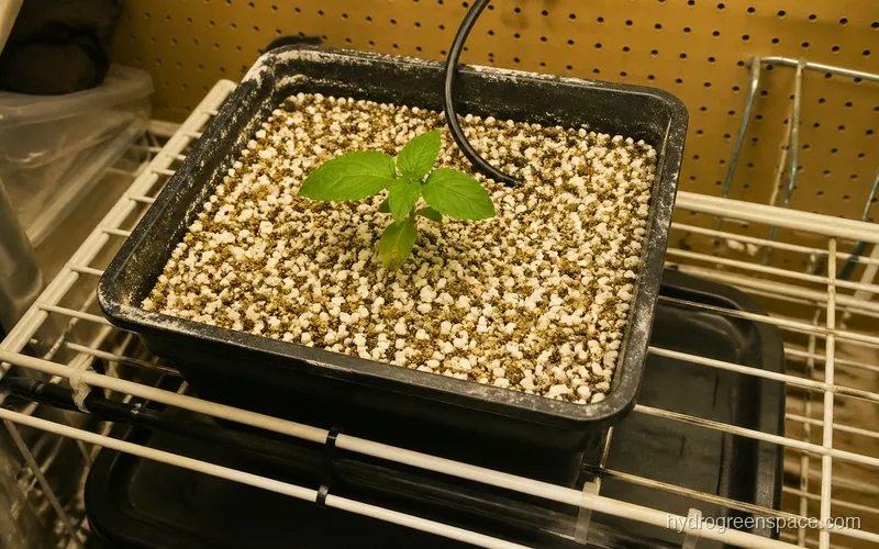 Drip system container packed with perlite-vermiculite mix, with visible irrigation line entering from top