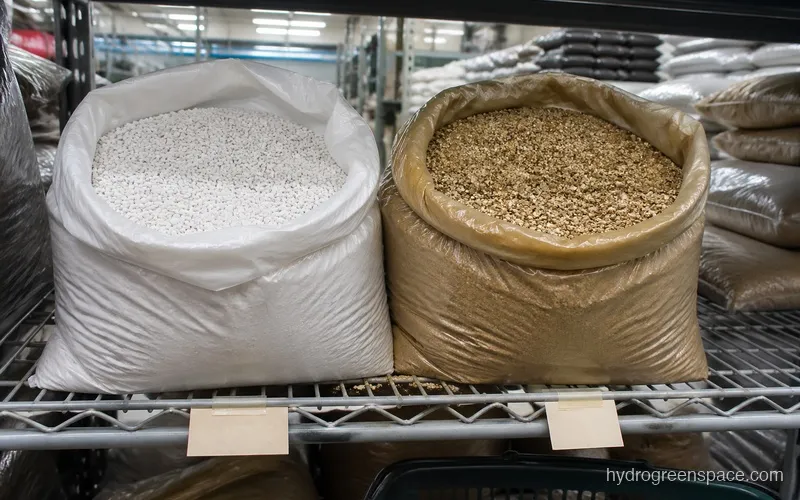 Bag of perlite next to bag of vermiculite with price tags visible, typical garden center setting