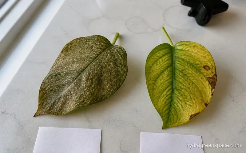 Two hydroponic plant leaves side by side: left shows stippled spider mite damage with silvery-bronze discoloration, right shows soft interveinal yellowing from nutrient deficiency