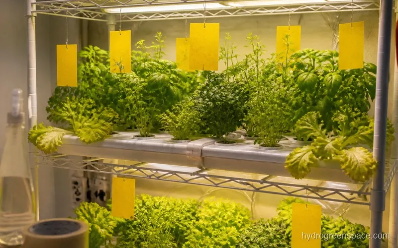 Eye-level view of a compact wire grow shelf with bright yellow sticky trap cards hanging above a lettuce and herb canopy near the LED grow light bar