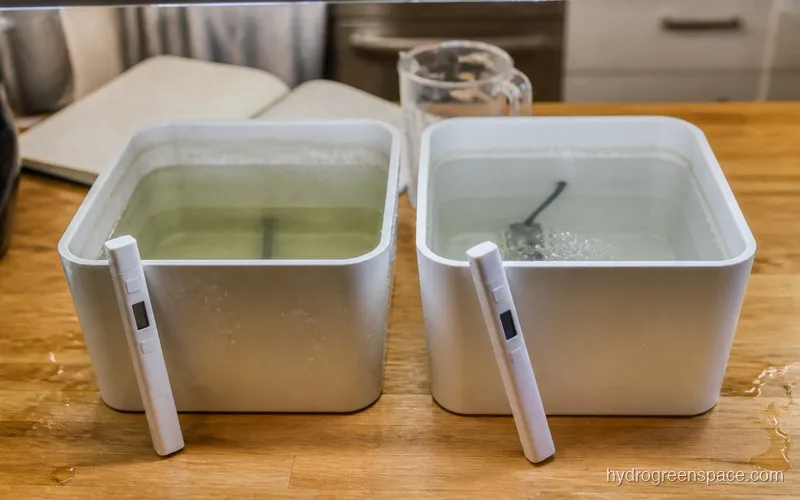 Two side-by-side hydroponic reservoirs, one with greenish algae tint showing pH rising, one with clear aerated solution showing pH dropping